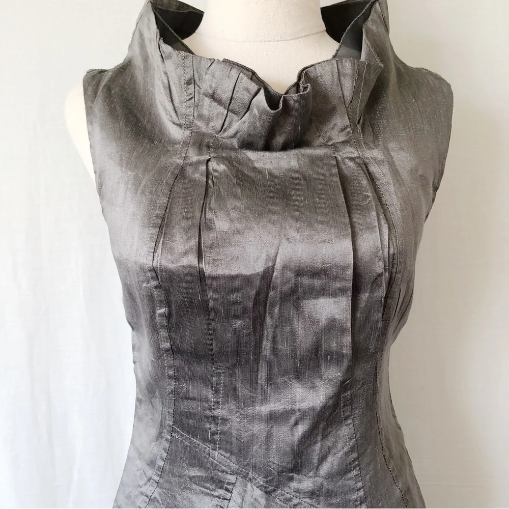 SISTE'S Size 8-10 Italian Grey Khaki Metallic Flax Blend Structured Dress Party - Picture 3 of 13